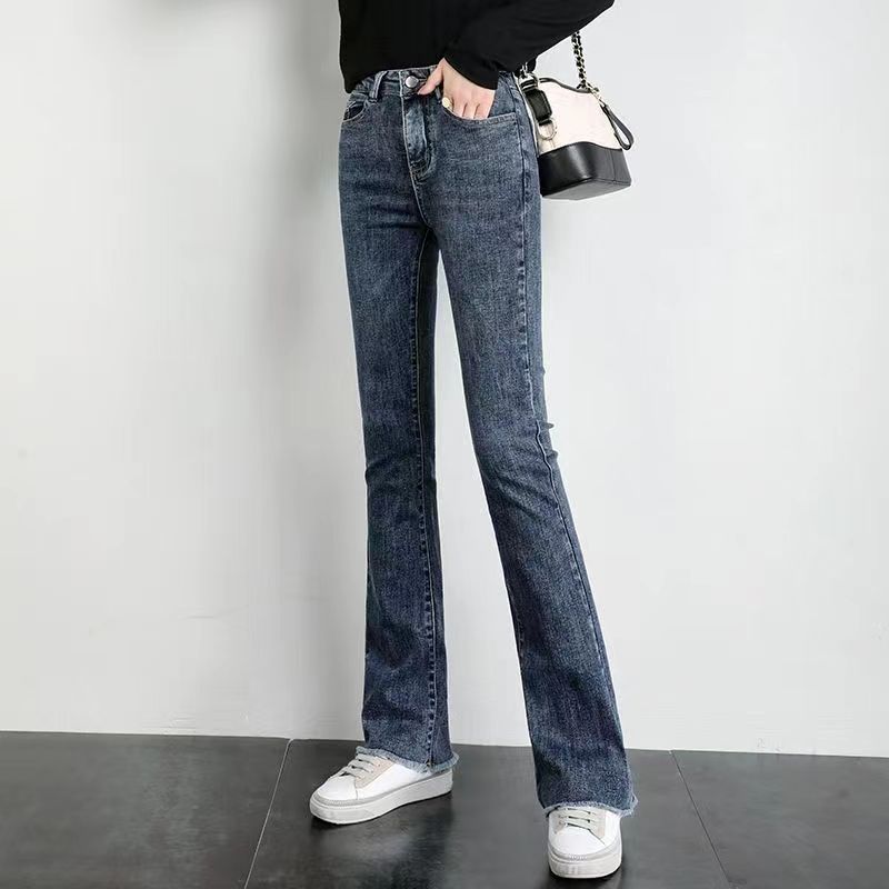 蓝灰色微喇牛仔裤女2025秋冬季高腰修身显瘦百搭小个子毛边小喇叭