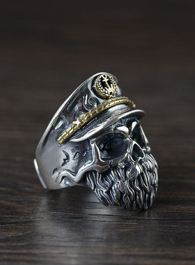 S925海盗王纯银戒指男款骷髅头复古风格指环朋克风银戒开口可调节