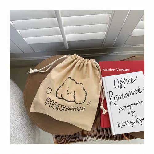 Korean ins cream yellow cute puppy drawstring bag canvas dra - 图3