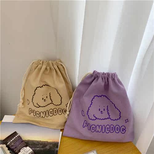 Korean ins cream yellow cute puppy drawstring bag canvas dra - 图0
