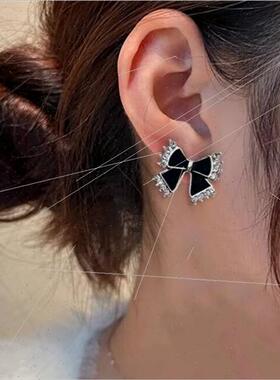 925 silver pin earrings female simple niche ins black bow ea