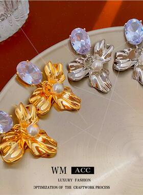 silver Pin Zirconia Flower Pearl Earrings Metal Earrings