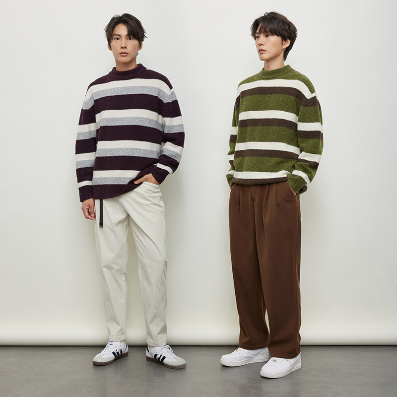 JDV男装秋季新款撞色休闲绵羊毛圆领条纹套头毛衣针织衫上衣百搭 - 图2