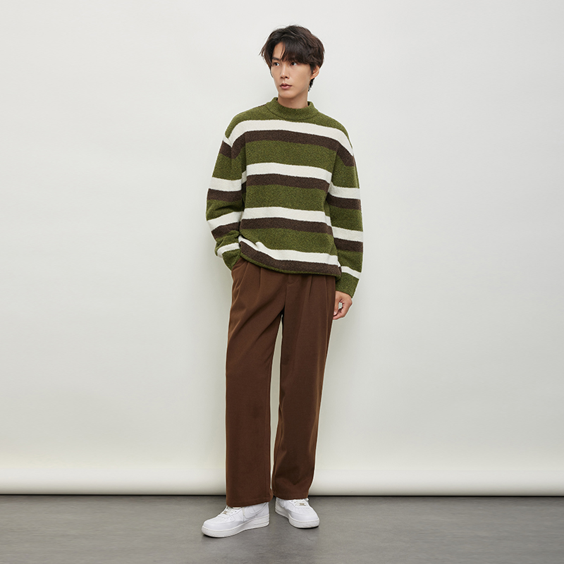 JDV男装秋季新款撞色休闲绵羊毛圆领条纹套头毛衣针织衫上衣百搭 - 图0