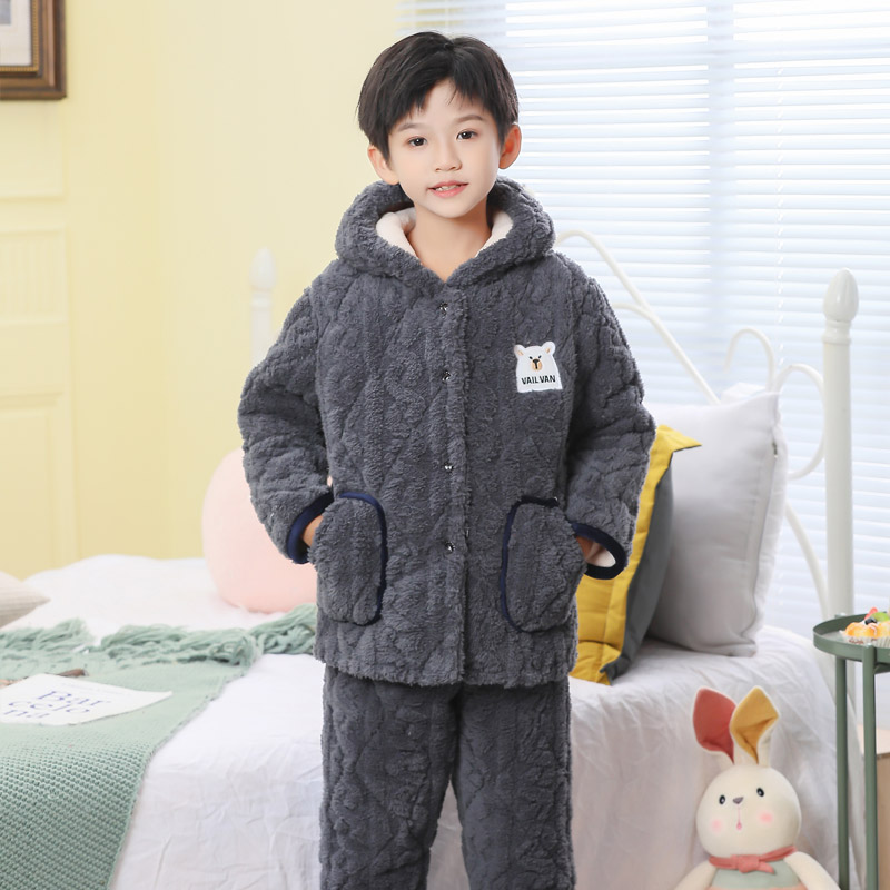 冬季儿童法兰绒男女孩连帽家居服加绒加厚款中大童珊瑚绒保暖套装