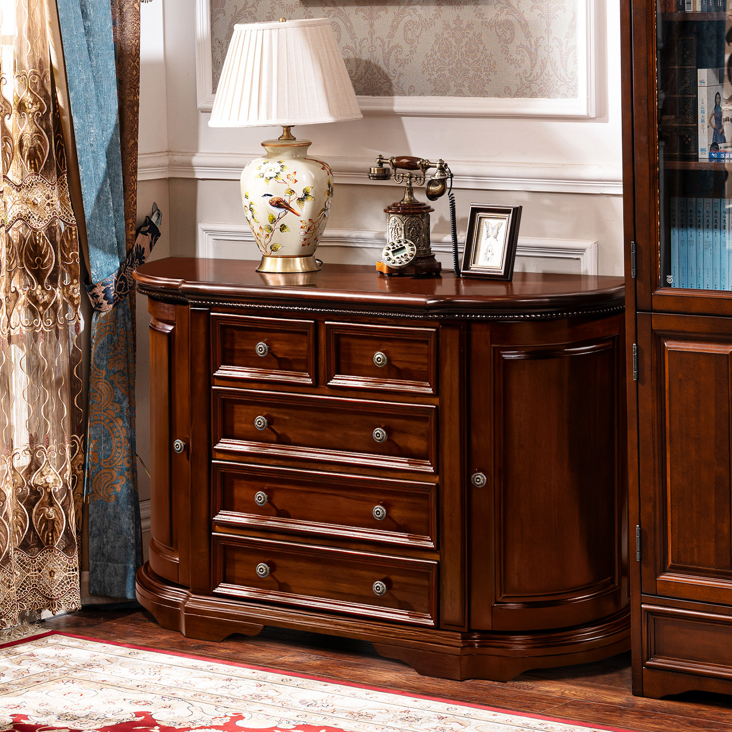 圣蒂伯爵美式全实木客厅多功能玄关柜半圆靠墙玄关桌入户带抽斗柜,淘宝优惠券,粉丝福利购,淘宝优惠卷