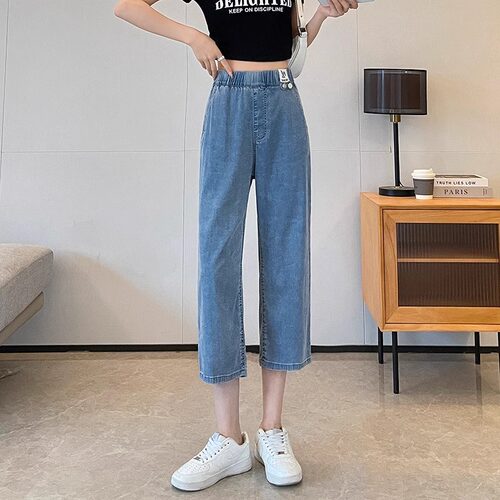 天丝牛仔阔腿七分裤女薄款小个子高腰垂感7八分凉感冰丝直筒裤子 - 图0