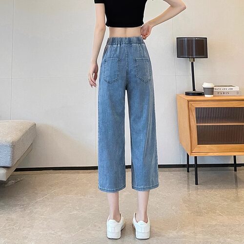 天丝牛仔阔腿七分裤女薄款小个子高腰垂感7八分凉感冰丝直筒裤子 - 图1