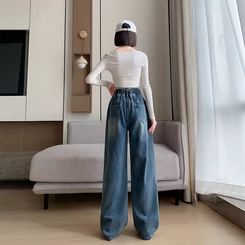 直筒牛仔裤女春秋2025新款松紧高腰垂感宽松显瘦胖mm大码阔腿裤子,淘宝优惠券,粉丝福利购,淘宝优惠卷