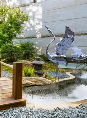 不锈钢仙鹤镜面雕塑定制酒店售楼处水池草坪火烈鸟动物摆件落地
