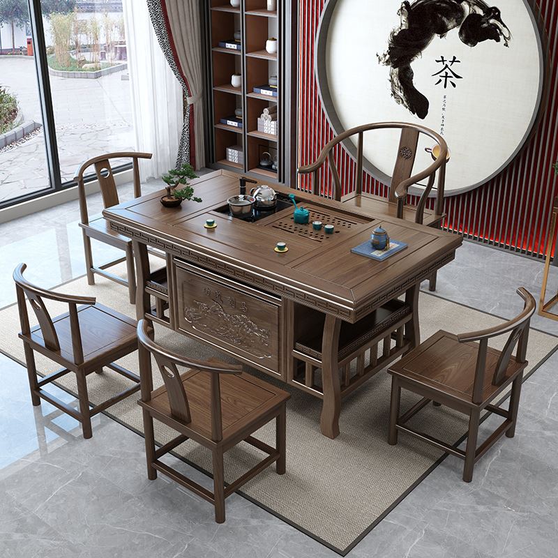 新中式实木茶桌椅组合阳台家用榆木禅意茶台功夫茶几茶具泡茶一体