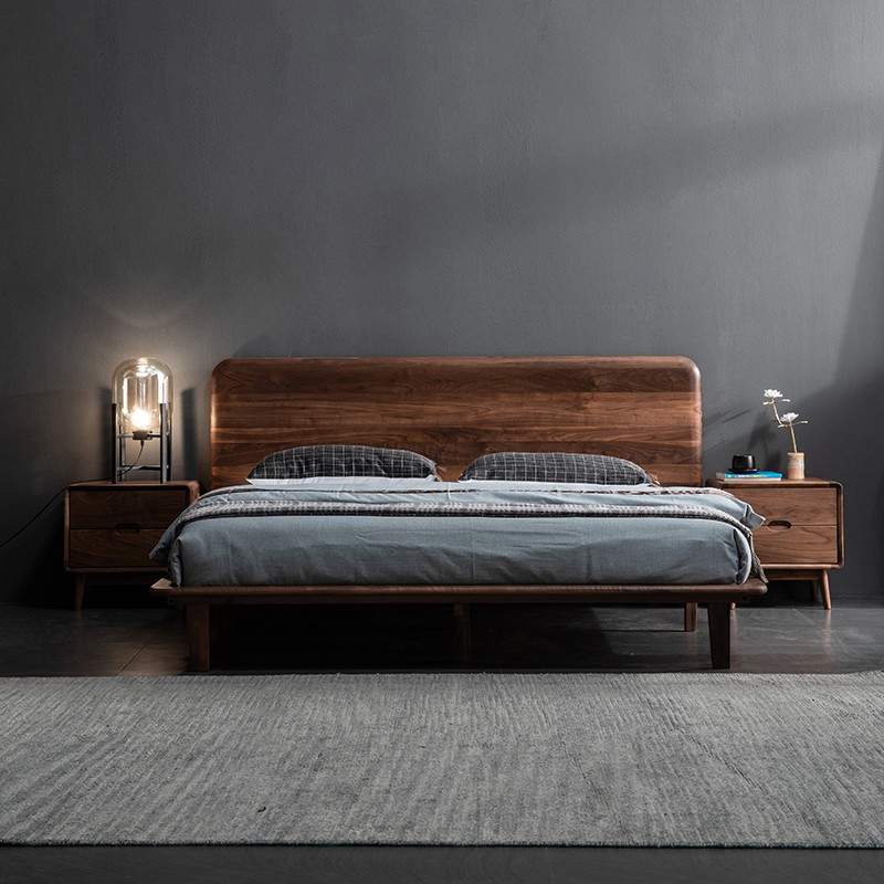 黑胡桃木床双人现代简约实木床1.8米1.5m北欧床原木卧室家具大床 - 图0