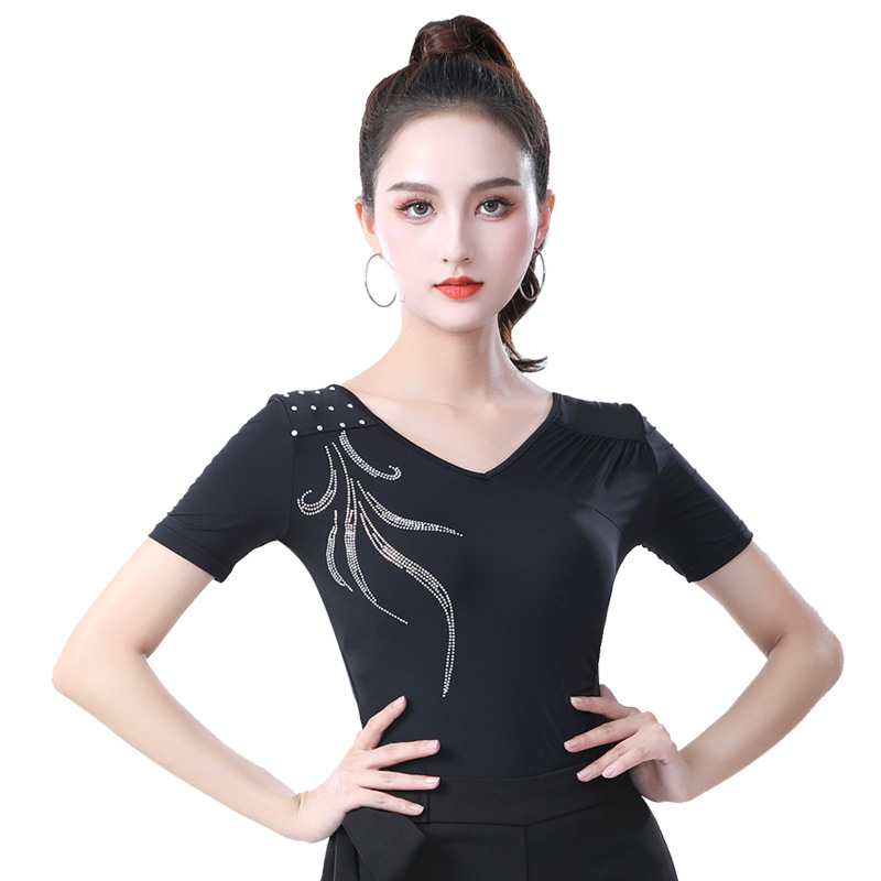 2025摩登舞服装烫钻短袖上装女舞蹈国标舞练功服拉丁舞上衣女新款 - 图3