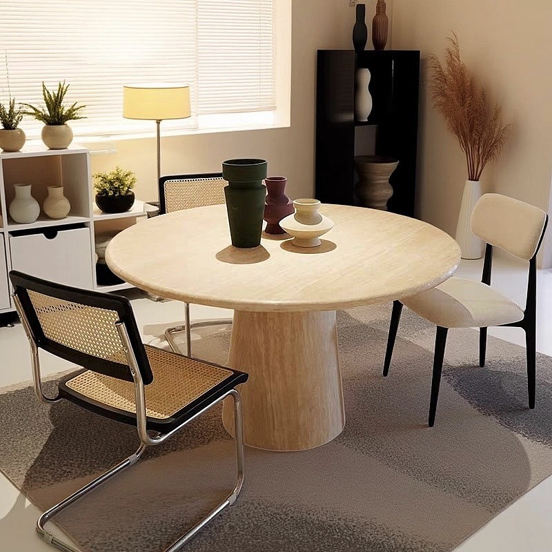 侘寂风天然洞石餐桌圆形椭圆形大理石长方形别墅家用复古简约饭桌,淘宝优惠券,粉丝福利购,淘宝优惠卷