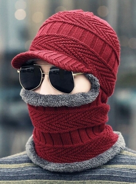冬季帽子男加绒毛线帽围脖一体加厚骑行帽秋冬防风防寒护颈连体帽
