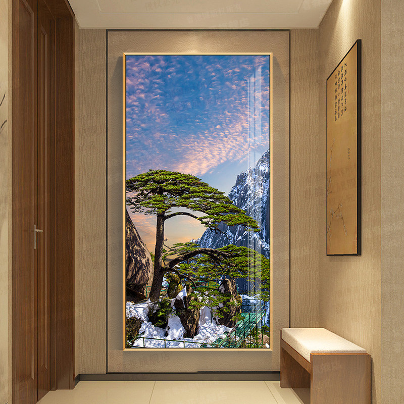 迎客松紫气山水高清实拍挂画入户走廊过道壁画玄关新中式招财挂画_虎窝淘
