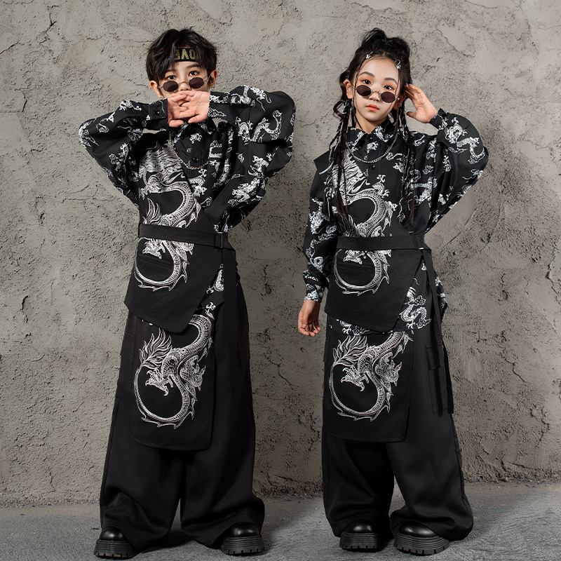 儿童街舞演出服hiphop男童国潮黑色龙纹中国风套装女童唐装表演服 - 图1