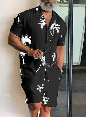 New Men's Summer Large Size Shirt Set Fitness Outdoor Two-pi