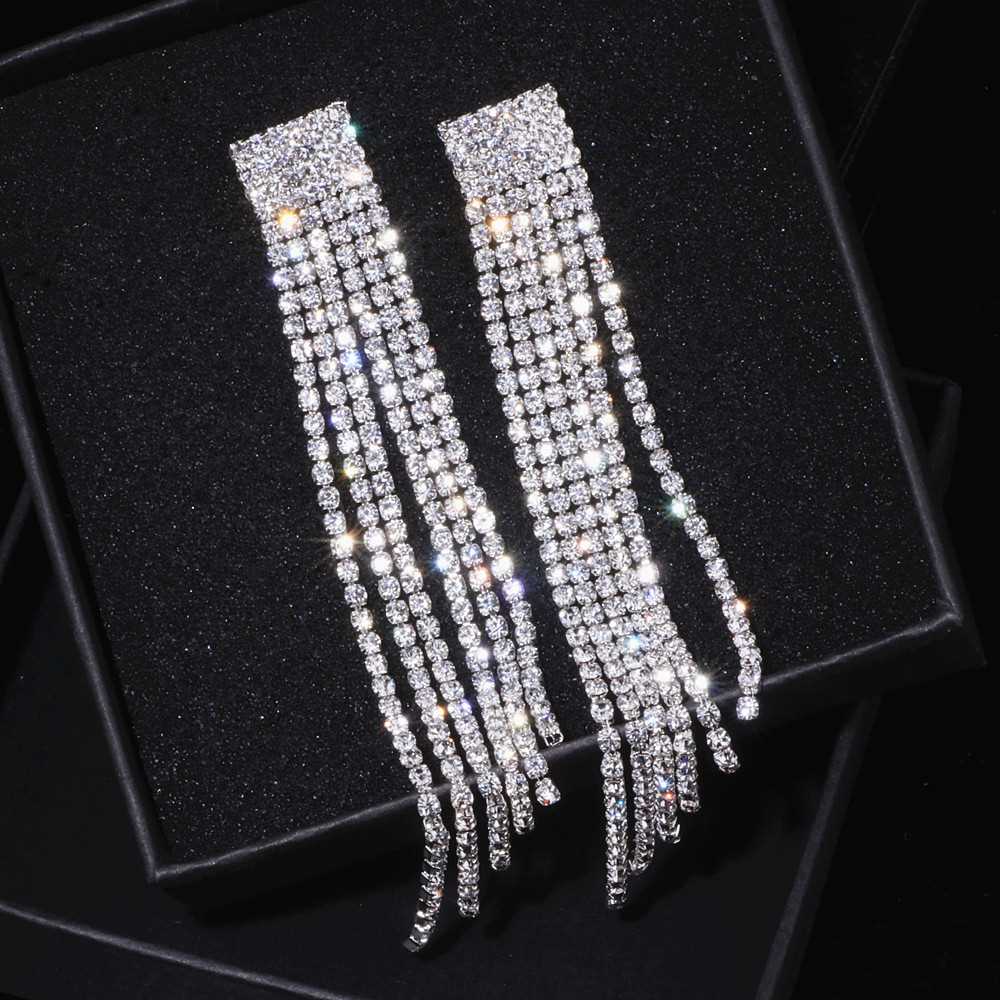 New Silver Color Rhinestone Crystal Long Tassel Earrings for - 图0