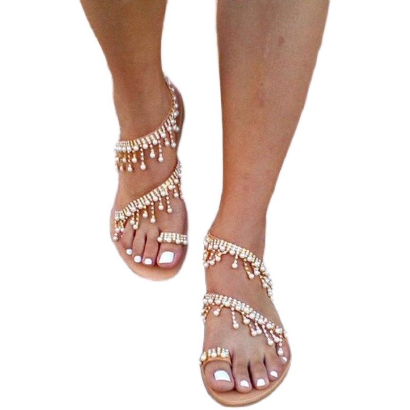 big size women sandals summer shoes flat slippers珍珠饰凉鞋-图3
