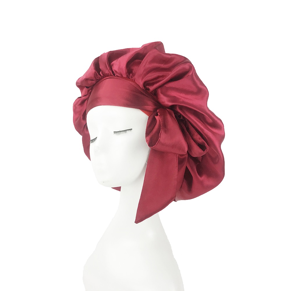 Solid Satin Bonnet with Wide Stretch Ties Long Hair Care Com - 图1