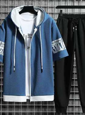 Men's Sets Hooded Zipper Short Sleeve Tops+ Elastic Waist Tr