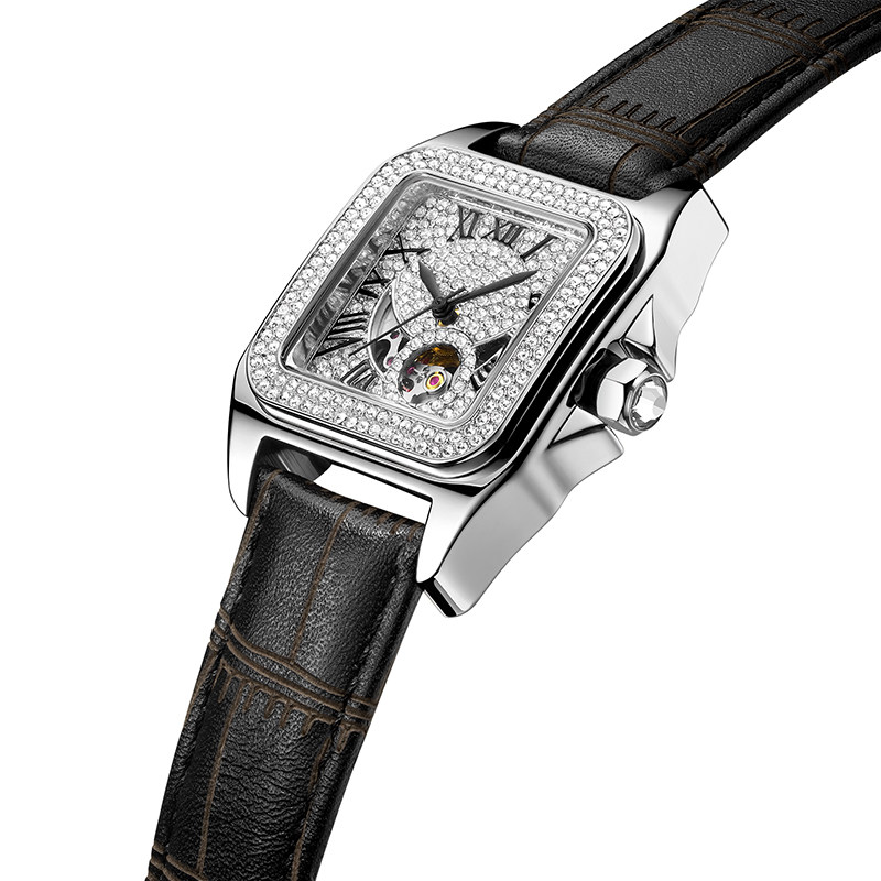 蒂玮娜满钻方形水钻真皮带机械表 davena手表国产腕表