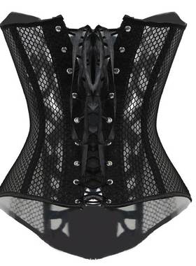 新款外贸黑色印花网纱性感衣欧美宫廷束身衣Women's court co