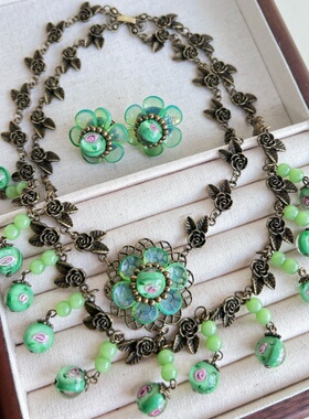绿色重工玫瑰花宫廷琉璃项链