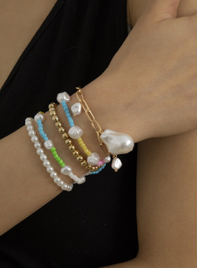 manjusaka时尚出圈!欧美异域风情手链撞色异形仿珍珠米珠魅力套装