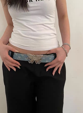 manjusaka y2k 蝴蝶镶钻腰带美式复古金属小众女配牛仔裤帆布皮带