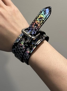 manjusaka 暗黑亚文化手环 猎杀 psycho镭射蛇皮金属铆钉 y2k小众