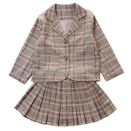 女童西服套装洋气秋装2025新款韩版网红格子西装外套儿童百褶裙套 - 图3