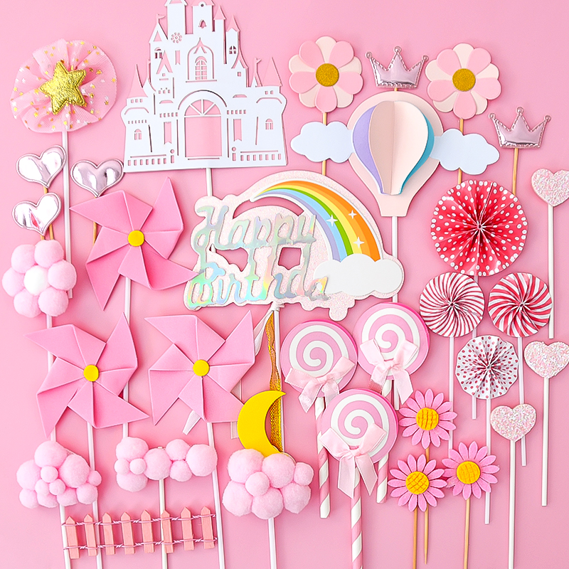 粉色系少女心小公主小仙女宝宝周岁生日插件粉云朵彩虹蛋糕装饰 - 图2