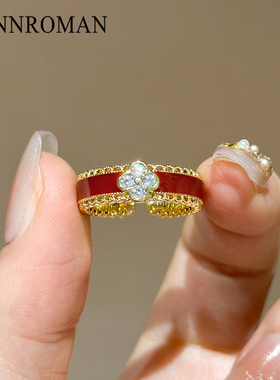 红绳四叶草水晶戒指女高级感