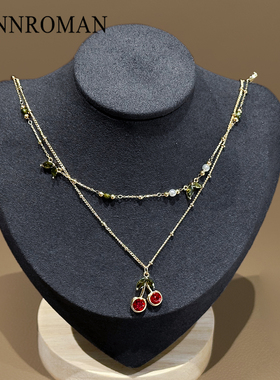 红宝石樱桃吊坠项链双层