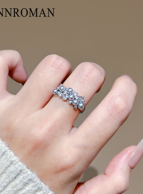 珍珠锆石戒指女开口可调节