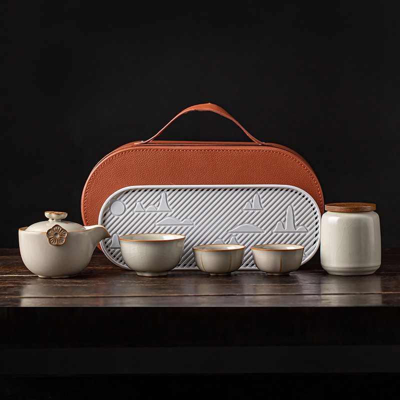 Gold inlaid corn yellow Ru kiln travel tea set