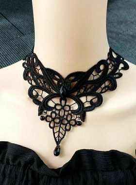 新品黑色镂空蕾丝水晶项链颈饰锁骨链遮盖伤疤遮盖甲状腺包邮