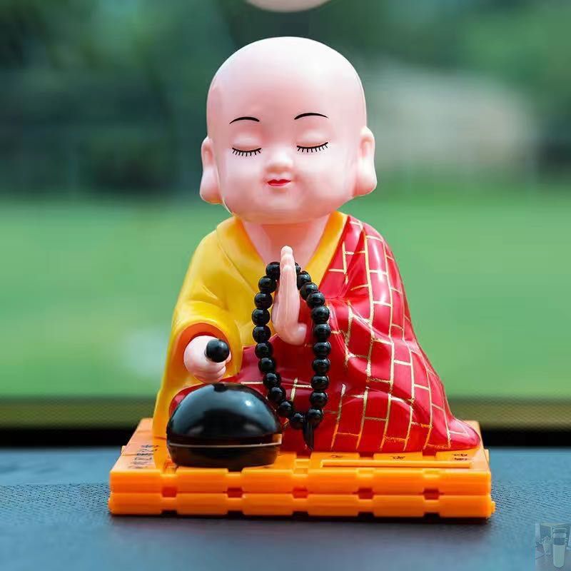 太阳能禅意和尚摆件车载小和尚敲木鱼念经摇头汽车摆件装饰邦乐.