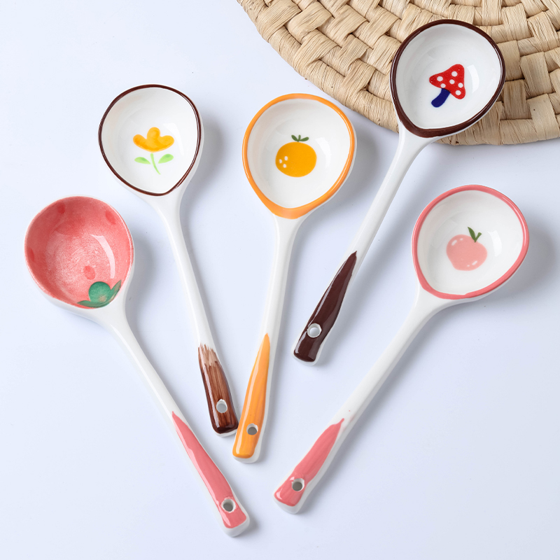 卡通吃饭陶瓷勺子家用可爱小勺子创意儿童喝汤调羹长柄汤勺汤匙 - 图0