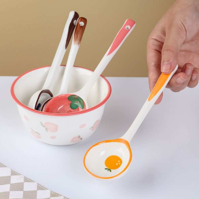 卡通吃饭陶瓷勺子家用可爱小勺子创意儿童喝汤调羹长柄汤勺汤匙 - 图2