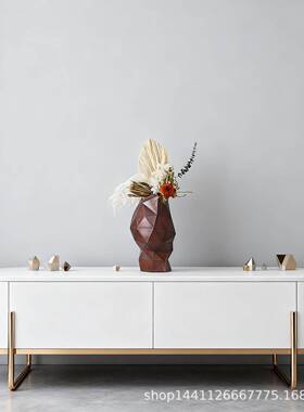 现代仿皮革几何花器家居酒店别墅花艺软装摆件秋色样板间艺术品