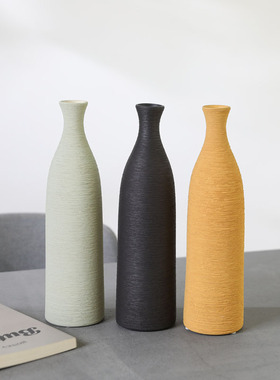 现代简约黑白色拉丝陶瓷花瓶 侘寂风客厅桌面插花器软装饰品摆件