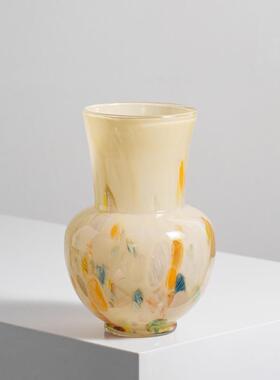法式高级感水彩手工玻璃花瓶复古中古奶油色玄关琉璃插花器