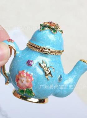 新款珐琅彩首饰盒宫廷风中式复古茶壶摆件创意装饰小物件家居饰品