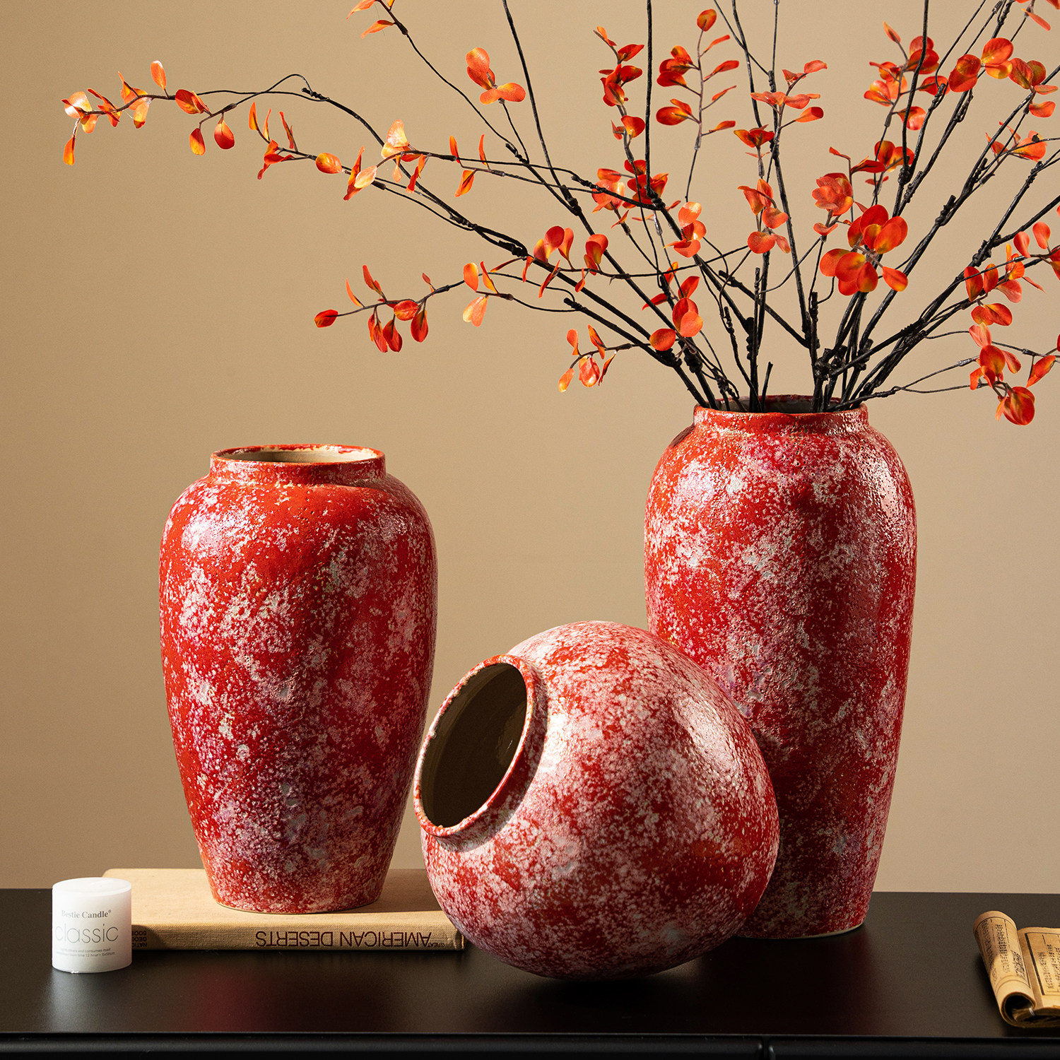 新中式复古陶瓷花瓶客厅玄关大号落地摆件高级感红色水养插花陶罐,淘宝优惠券,粉丝福利购,淘宝优惠卷