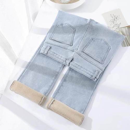 加绒窄版直筒牛仔裤女2025年秋冬新款加厚高腰显瘦浅色烟管裤长裤 - 图2