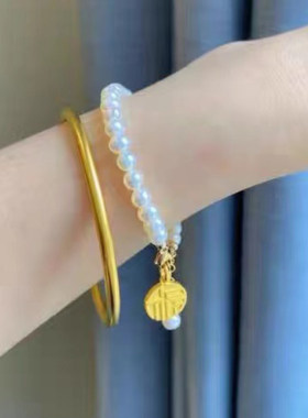3D硬金黄金国潮福字手链女999足金福牌天然淡水珍珠网红同款手链
