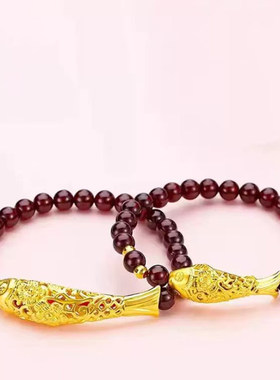 3D硬金黄金富贵鱼手链女999足金大气复古镂空金鱼纯金手串送女友